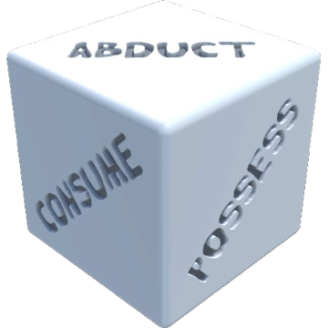 A 3-D rendering of a six-sided die showing the words abduct, consume, and possess